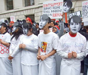 London supporters of Aung San Suu Kyi protest the Burmese government