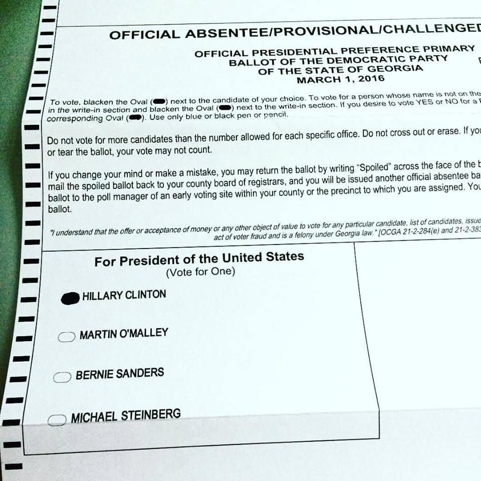 A photo of my absentee ballot from Dekalb County, Georgia (and the candidate I am voting for!)