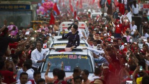 Aung San Suu Kyi amongst her supporters after victory for National League for Democracy at the November 2015 elections. (Reuters)