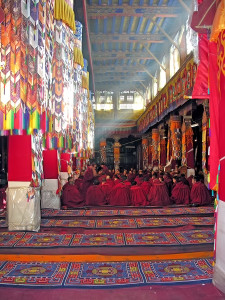 Monks gather in the great assembly hall at Drepung Monastery, Tibet. https://flic.kr/p/4nvgta