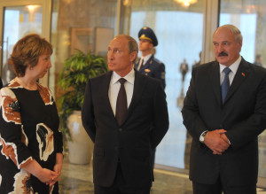 Alexander Lukashenko, President of Belarus, Vladimir Putin, President of Russia, and Catherine Ashton, EU High Representative for Foreign Affairs and Security Policy (from right to left) at the 2014 Minsk forum on Ukraine. https://flic.kr/p/oW3buZ