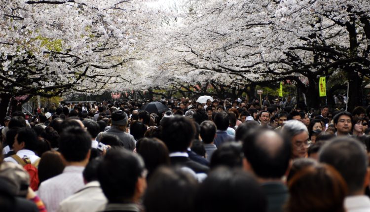 A crowd walks through Ueno Park, Tokyo