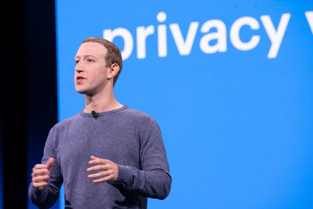 mark zuckerberg discussing Facebook data policy at a Facebook keynote in 2019